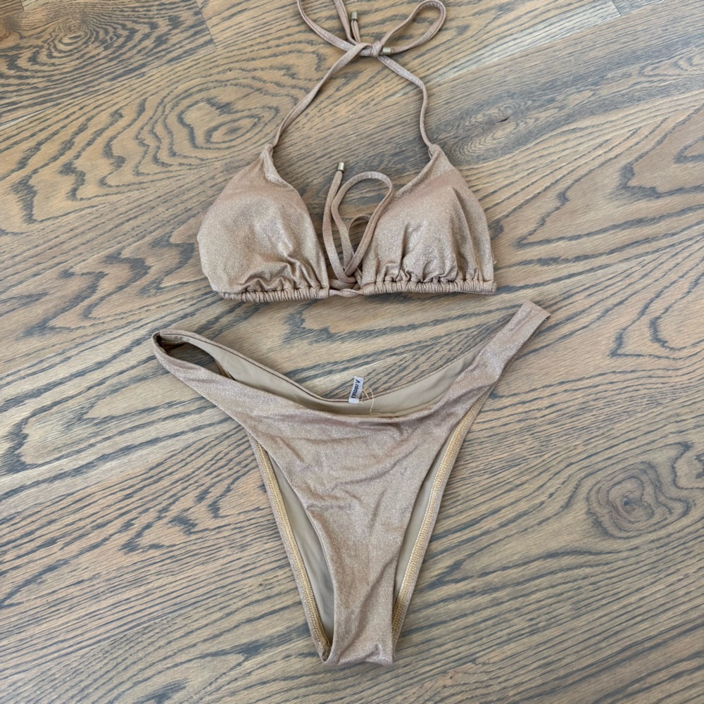 Vitamin A Shimmery Taupe Triangle Bikini in Metallic Nude